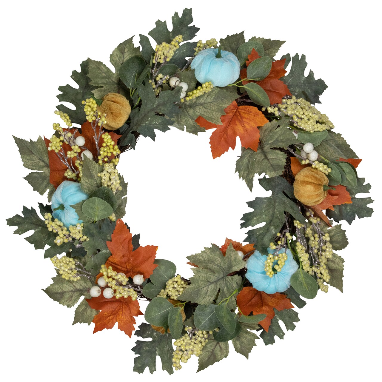 Northlight Green and Orange Foliage and Gourds Thanksgiving Artificial Wreath, 22-Inch
